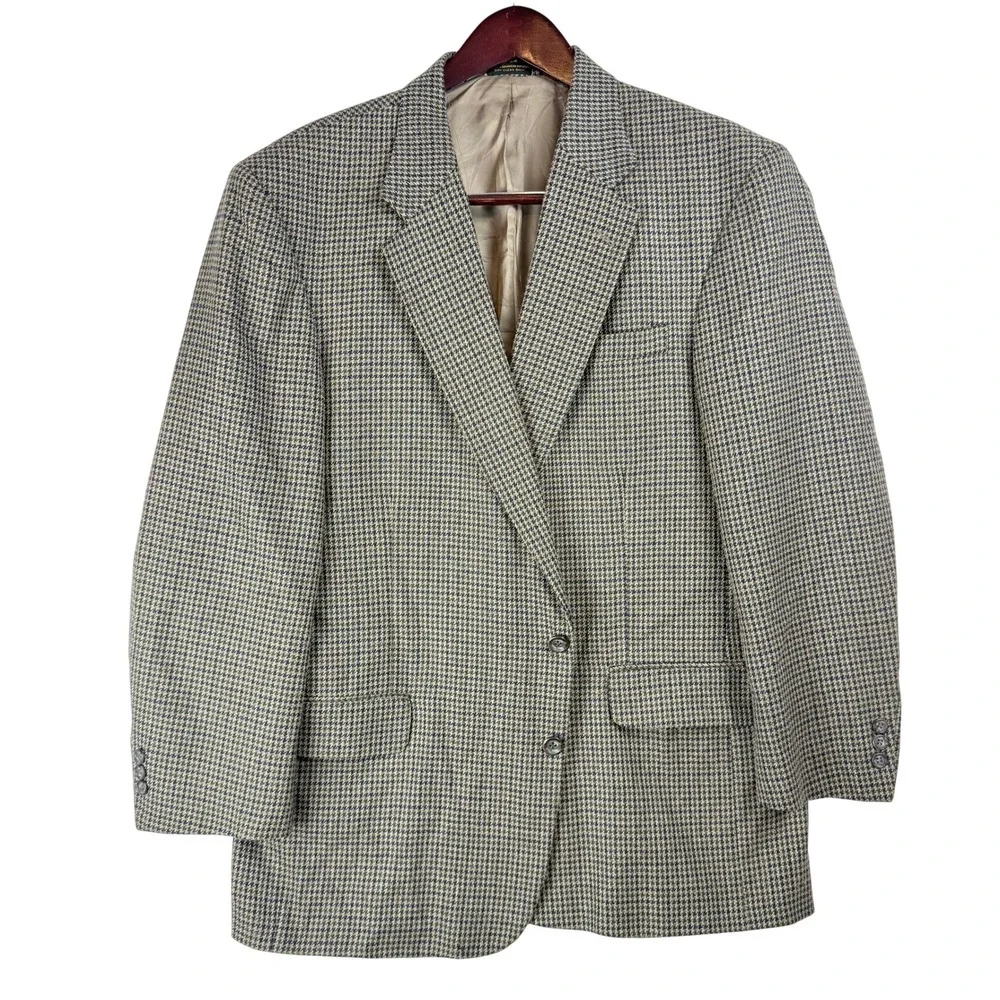 Robert Stock Blazer Mens 44R Wool Silk Blend Houndstooth Dark Academia Preppy